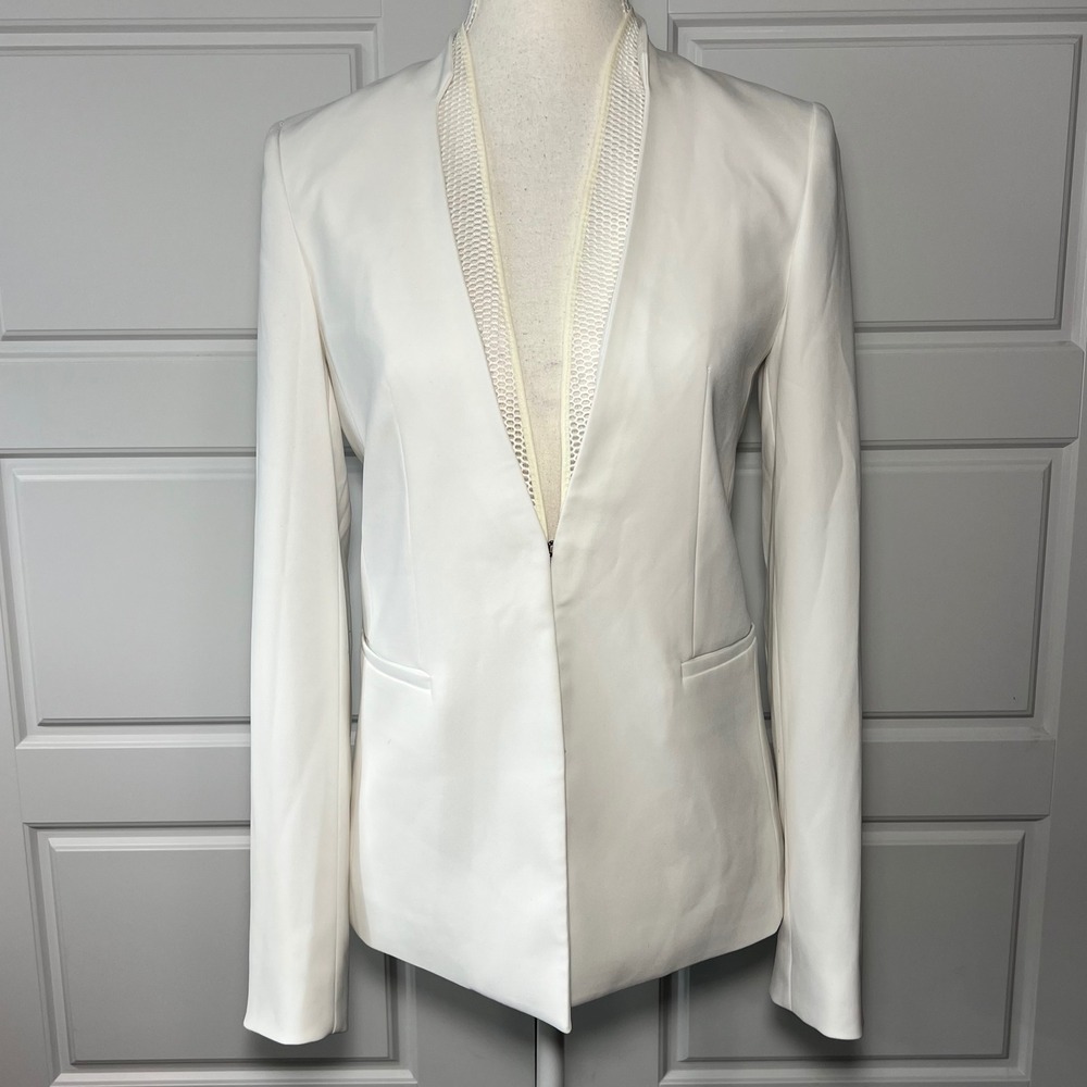 Tahari‎ White Collarless Open Front Blazer Jacket Women Cream Mesh Detail Size 2